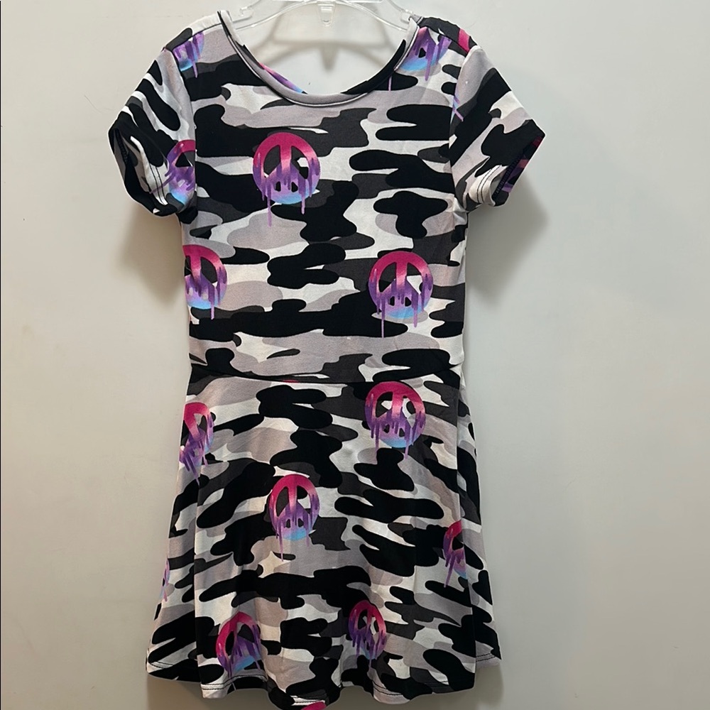 PixieLane Soft Black & White Camo with Coloful Dripping Peace Signs Kids Dress